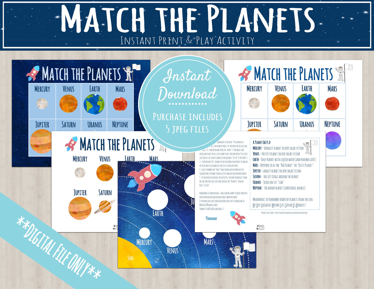 Solar System Learning Planets Activity | INSTANT PRINTABLE DOWNLOAD | Planet Matching Game | Toddler Busy Binder Activities