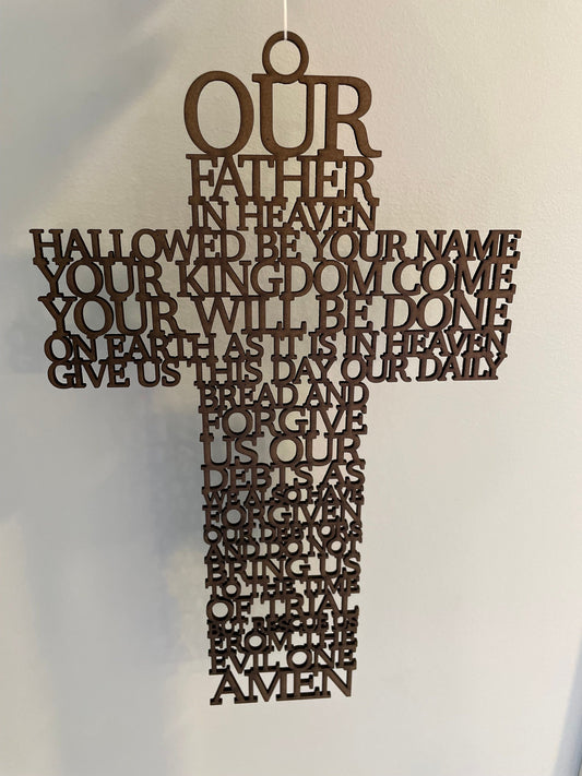 The Lord's Prayer Hanging Wooden Cross | Religious Spiritual Wall Art Gift | Wood Laser Cut Cross | Our Father Wording