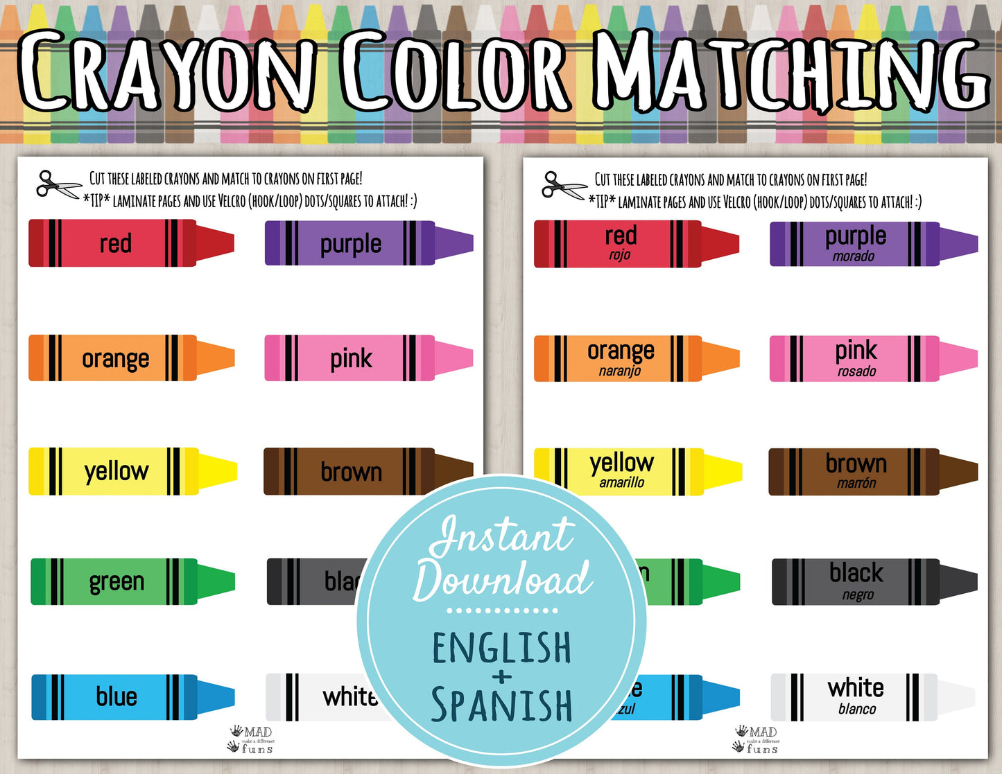 Learning Colors Crayon Printable Activity | DIGITAL DOWNLOAD| Learn Colors English & Spanish Game Match | Toddler Busy Binder