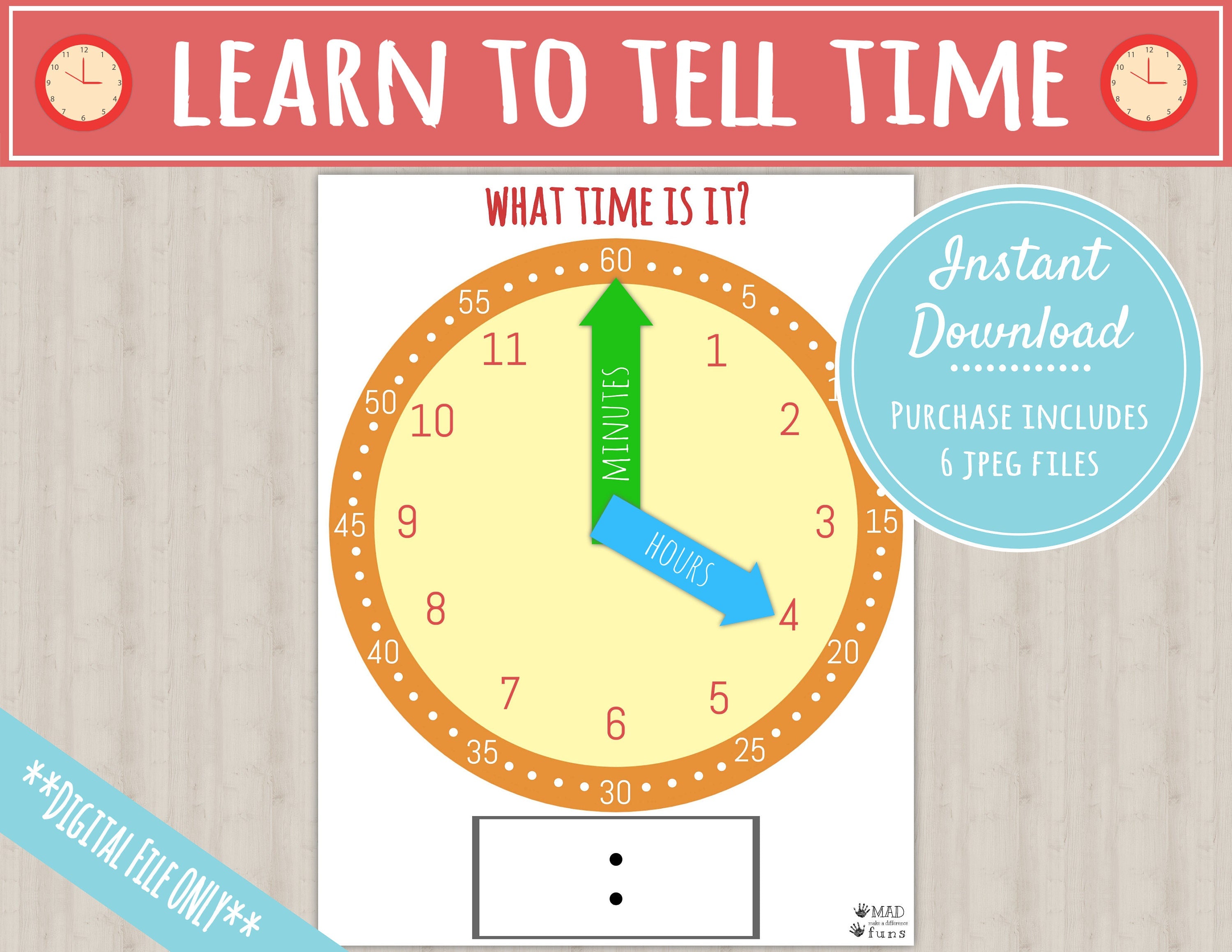 Tell Time Learning Clock Printable Activity DIGITAL DOWNLOAD Teach