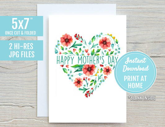 Happy Mothers Day Heart Flowers 5x7 Printable Greeting Card | DIGITAL DOWNLOAD| Mother's Day Gift | I Love You Mom Watercolor| Print At Home