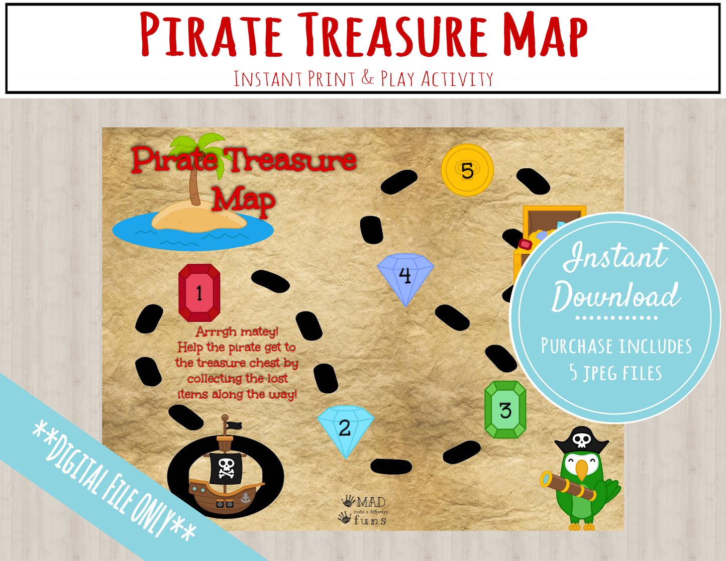 Pirate Treasure Map Activity |INSTANT PRINTABLE DOWNLOAD| Scavenger Hunt Game|Pirate Party Clues|Preschool Kindergarten Toddler Activities