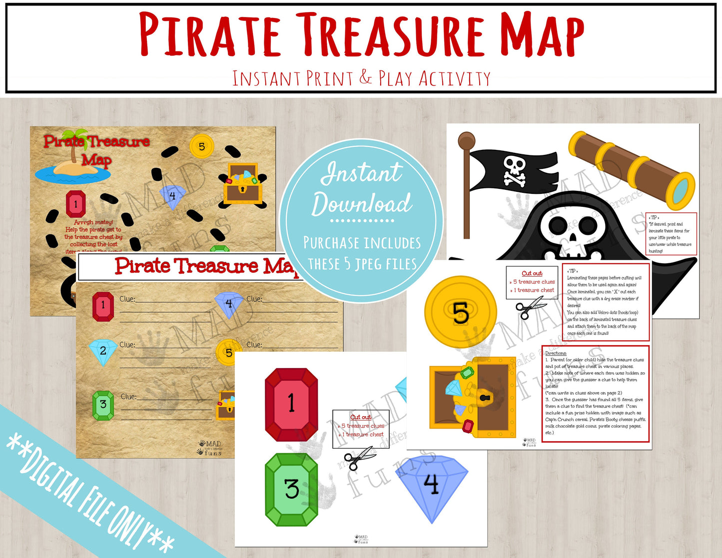 Pirate Treasure Map Activity |INSTANT PRINTABLE DOWNLOAD| Scavenger Hunt Game|Pirate Party Clues|Preschool Kindergarten Toddler Activities