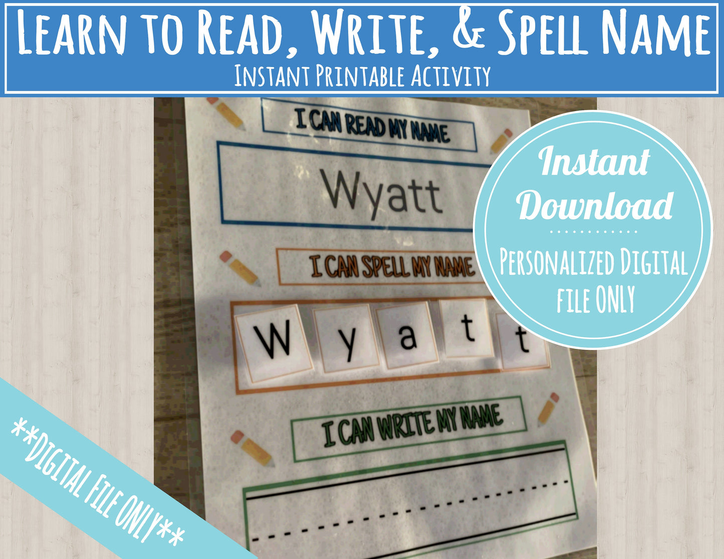 Learn to Read, Spell and Write Name Printable Activity, PERSONALIZED and INSTANT DOWNLOAD for preschool, kindergarten, homeschool!