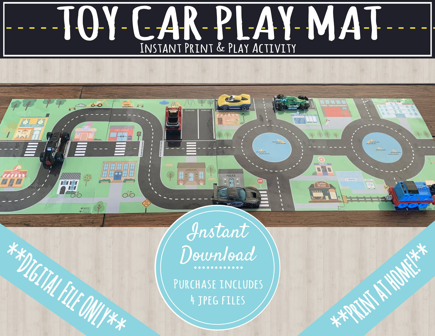 Toy Car Play Mat | INSTANT PRINTABLE DOWNLOAD | Kids Road Map Town | Hot Wheels MatchBox Car Race Track | Community Town Game