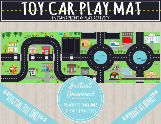 Toy Car Play Mat | INSTANT PRINTABLE DOWNLOAD | Kids Road Map Town | Hot Wheels MatchBox Car Race Track | Community Town Game