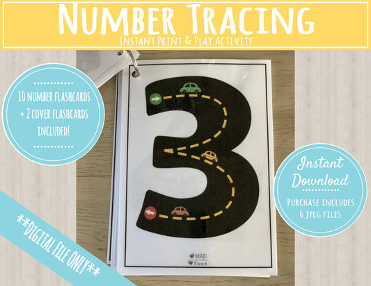 Number Tracing Flashcards | Learn Numbers with Cars and Roads | INSTANT PRINTABLE DOWNLOAD | Preschool Kindergarten Toddler Activities