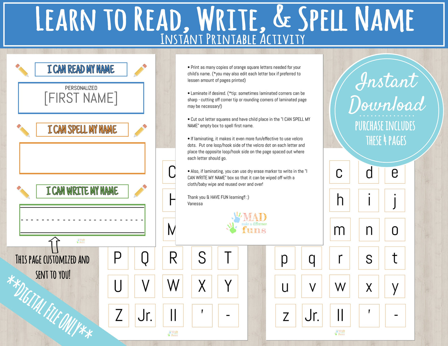 Learn to Read, Spell and Write Name Printable Activity, PERSONALIZED and INSTANT DOWNLOAD for preschool, kindergarten, homeschool!