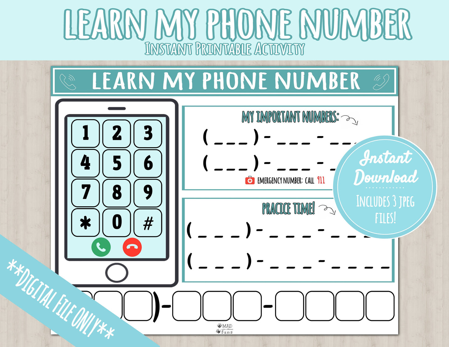 Learn Phone Number Printable Activity | About Me Busy Binder Phone Practice Worksheet | INSTANT DOWNLOAD | Toddler Preschool Kindergarten