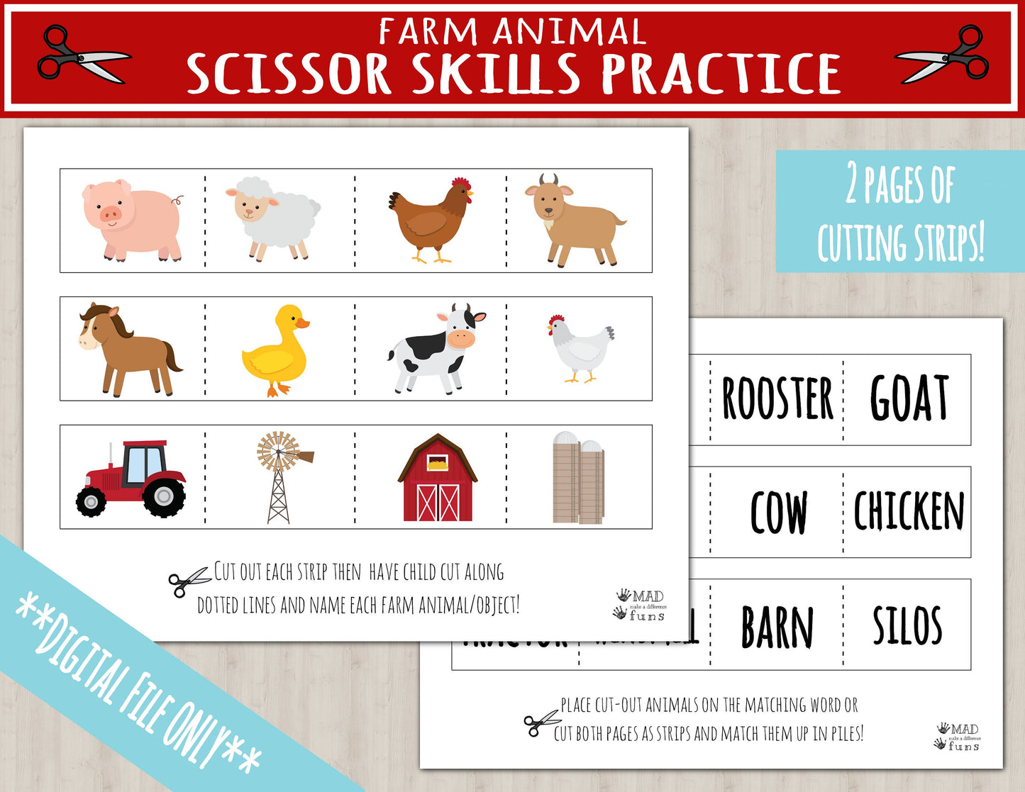 Farm Animal Scissor Skills Printable Activity | Busy Binder Worksheet | INSTANT DOWNLOAD | Toddler Preschool Kindergarten | Cutting Practice