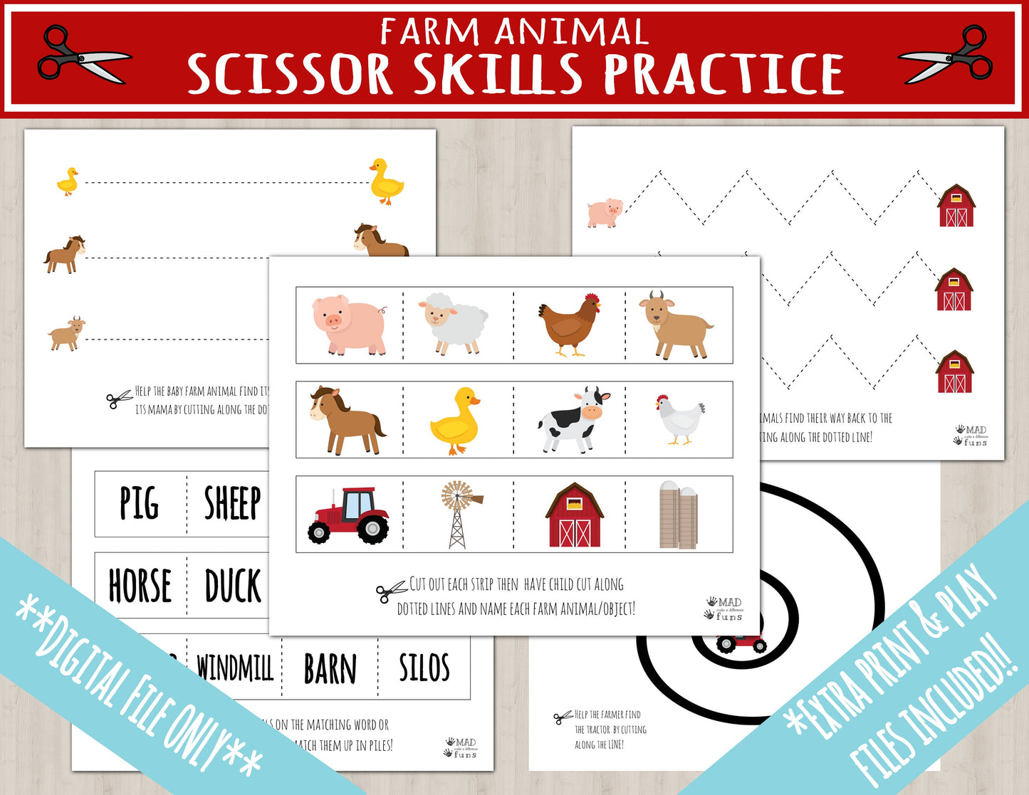 Farm Animal Scissor Skills Printable Activity | Busy Binder Worksheet | INSTANT DOWNLOAD | Toddler Preschool Kindergarten | Cutting Practice