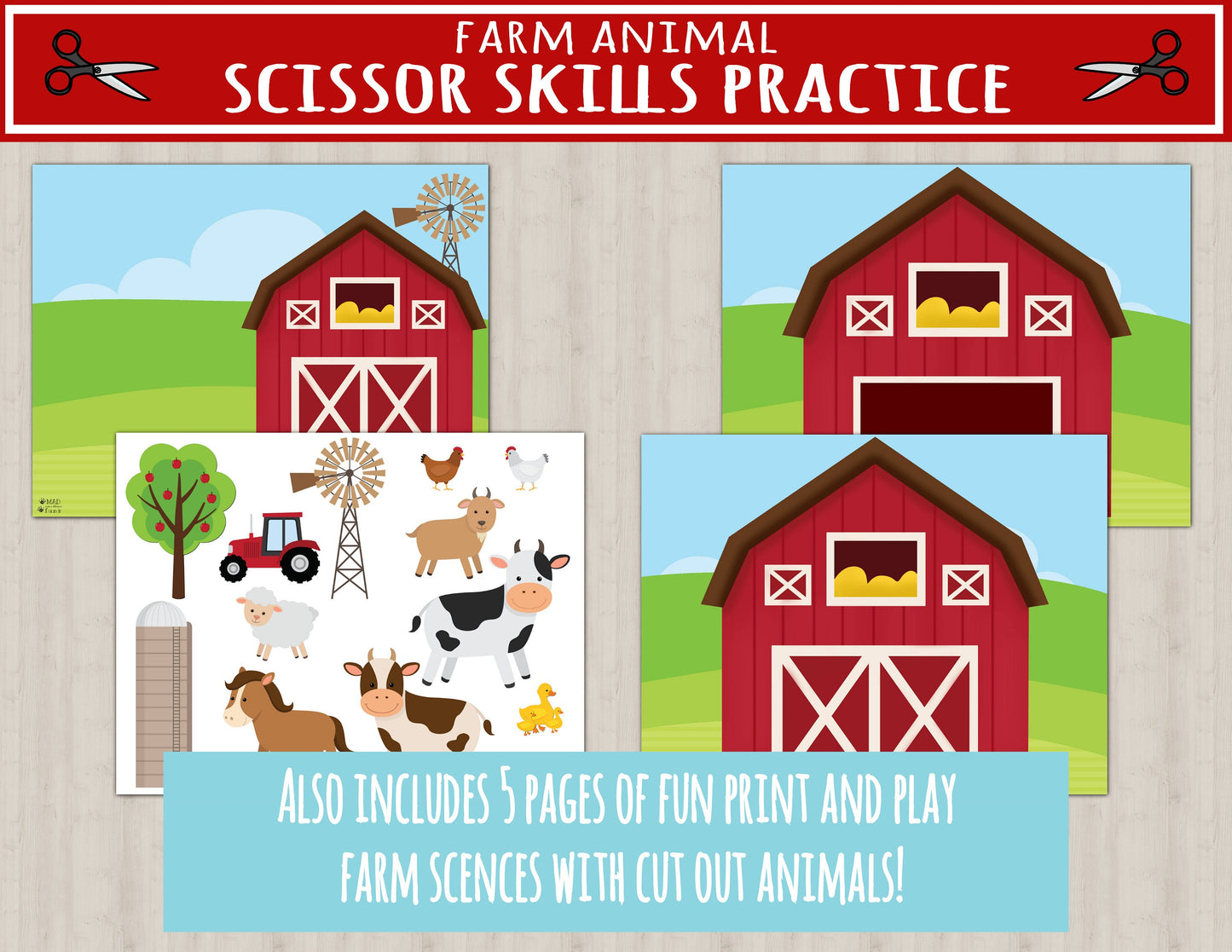 Farm Animal Scissor Skills Printable Activity | Busy Binder Worksheet | INSTANT DOWNLOAD | Toddler Preschool Kindergarten | Cutting Practice