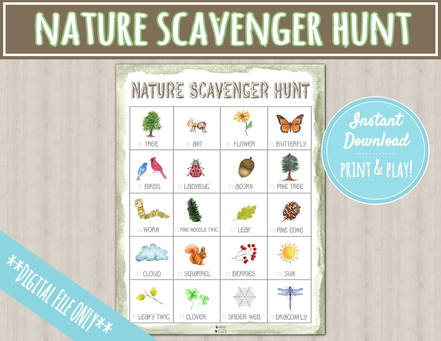 Nature Scavenger Hunt Activity|INSTANT PRINTABLE DOWNLOAD| Treasure Hunt Game| Outdoor I Spy Worksheet| Preschool Kindergarten Toddler