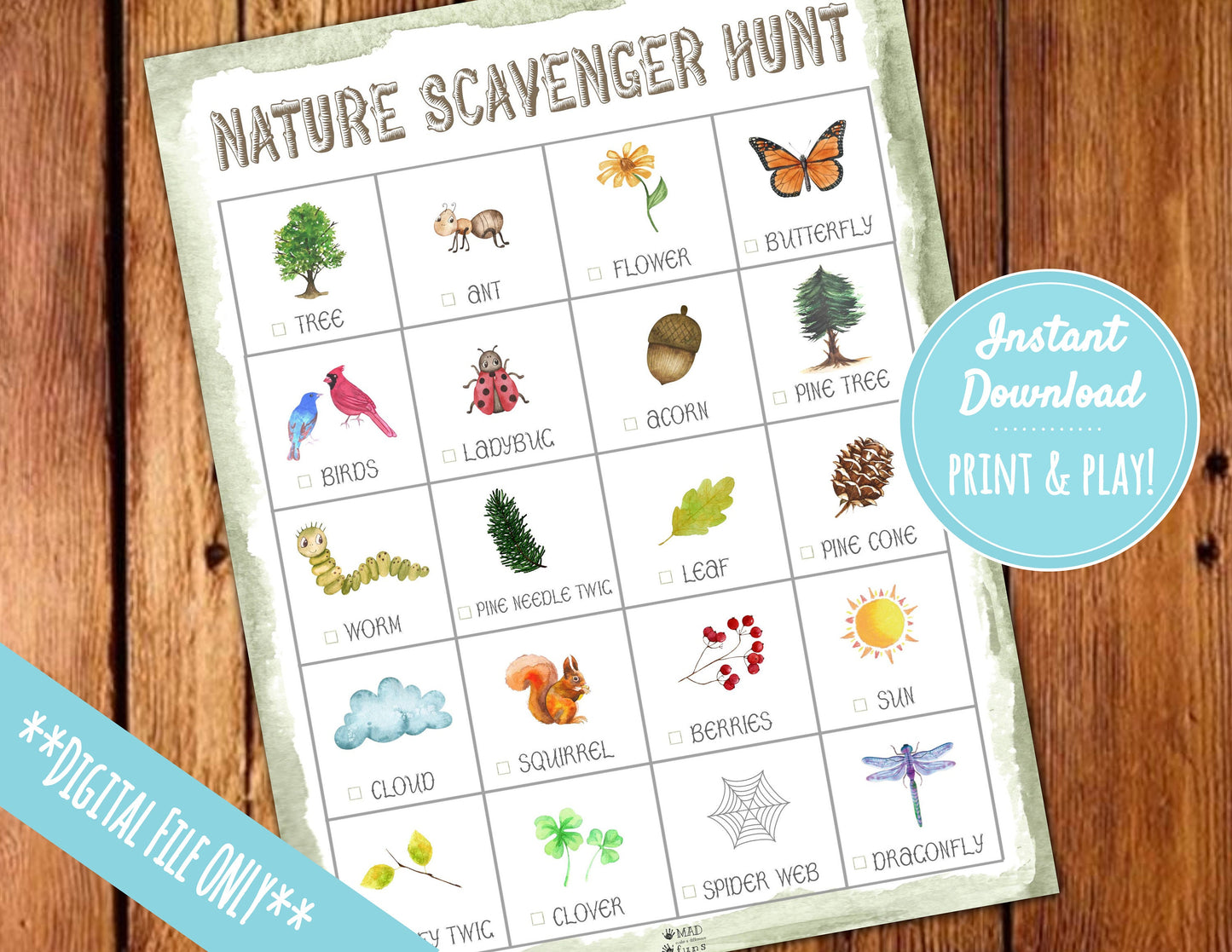 Nature Scavenger Hunt Activity|INSTANT PRINTABLE DOWNLOAD| Treasure Hunt Game| Outdoor I Spy Worksheet| Preschool Kindergarten Toddler