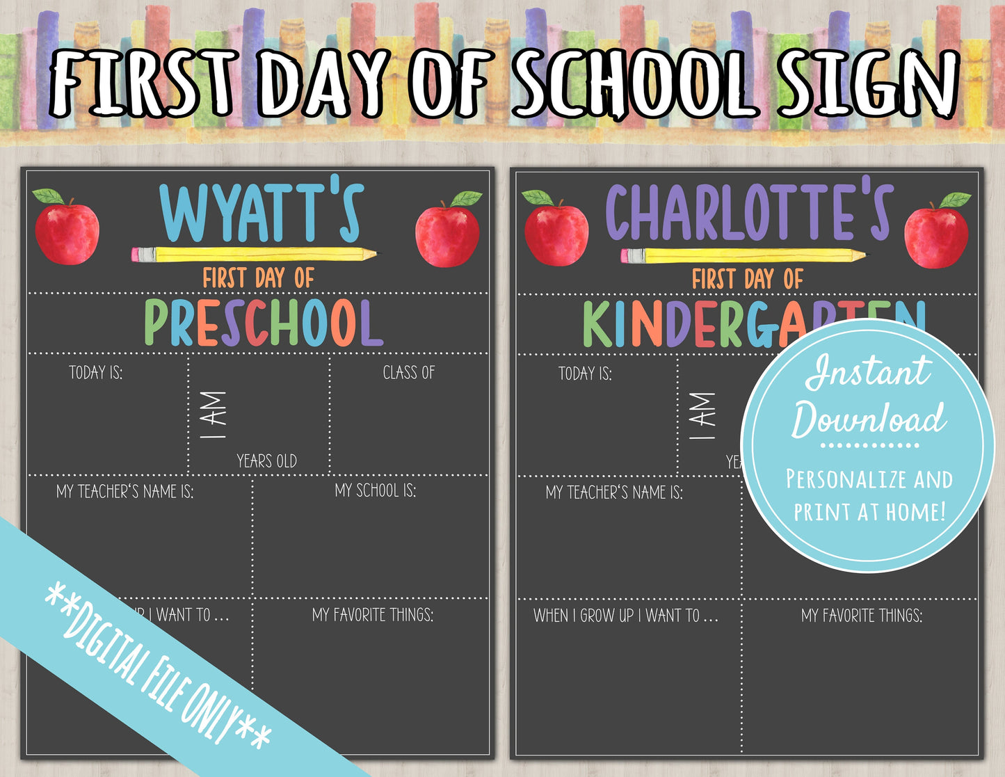 First Day of School Sign | About Me Chalkboard Style Print|PERSONALIZED INSTANT DOWNLOAD| preschool kindergarten grade sign