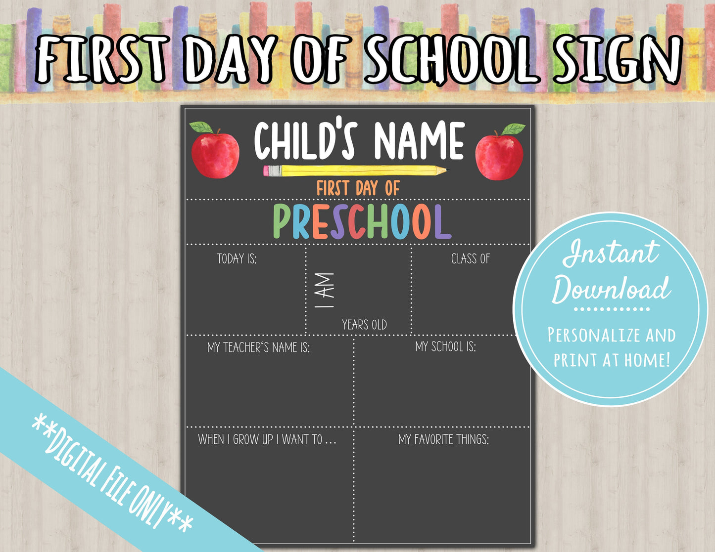 First Day of School Sign | About Me Chalkboard Style Print|PERSONALIZED INSTANT DOWNLOAD| preschool kindergarten grade sign