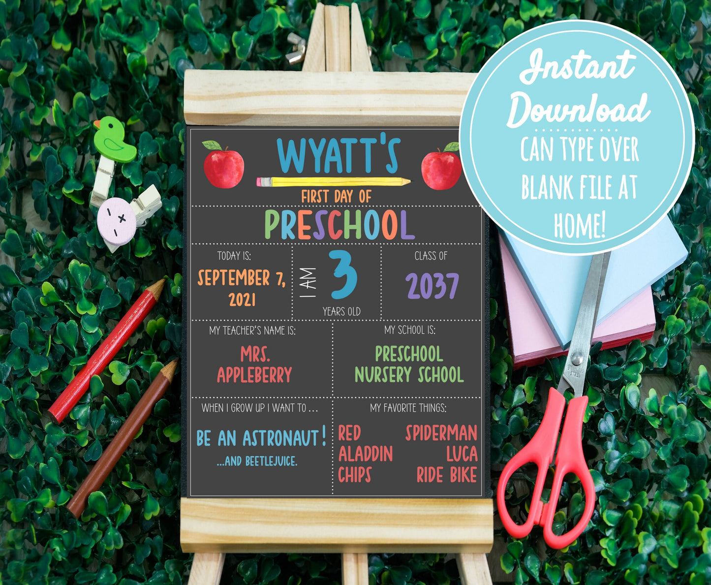 First Day of School Sign | About Me Chalkboard Style Print|PERSONALIZED INSTANT DOWNLOAD| preschool kindergarten grade sign