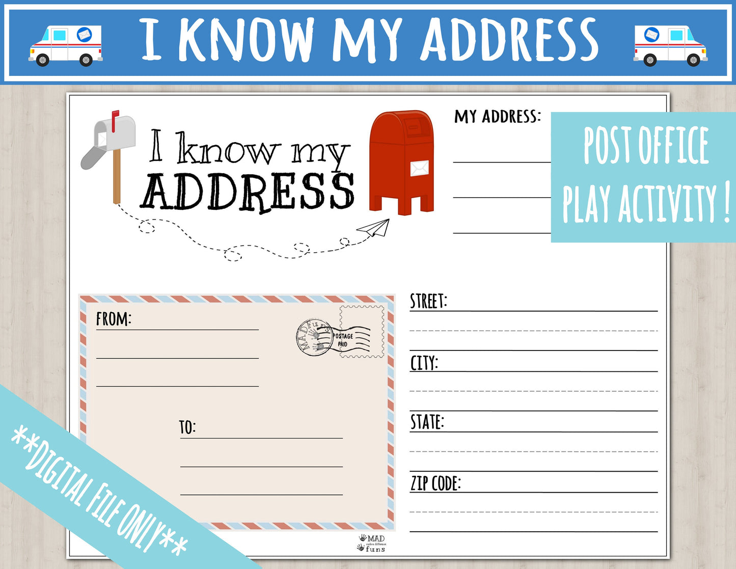 I Know My Address Printable Activity | Post Office Play Busy Binder Practice Worksheet | INSTANT DOWNLOAD | Toddler Preschool Kindergarten