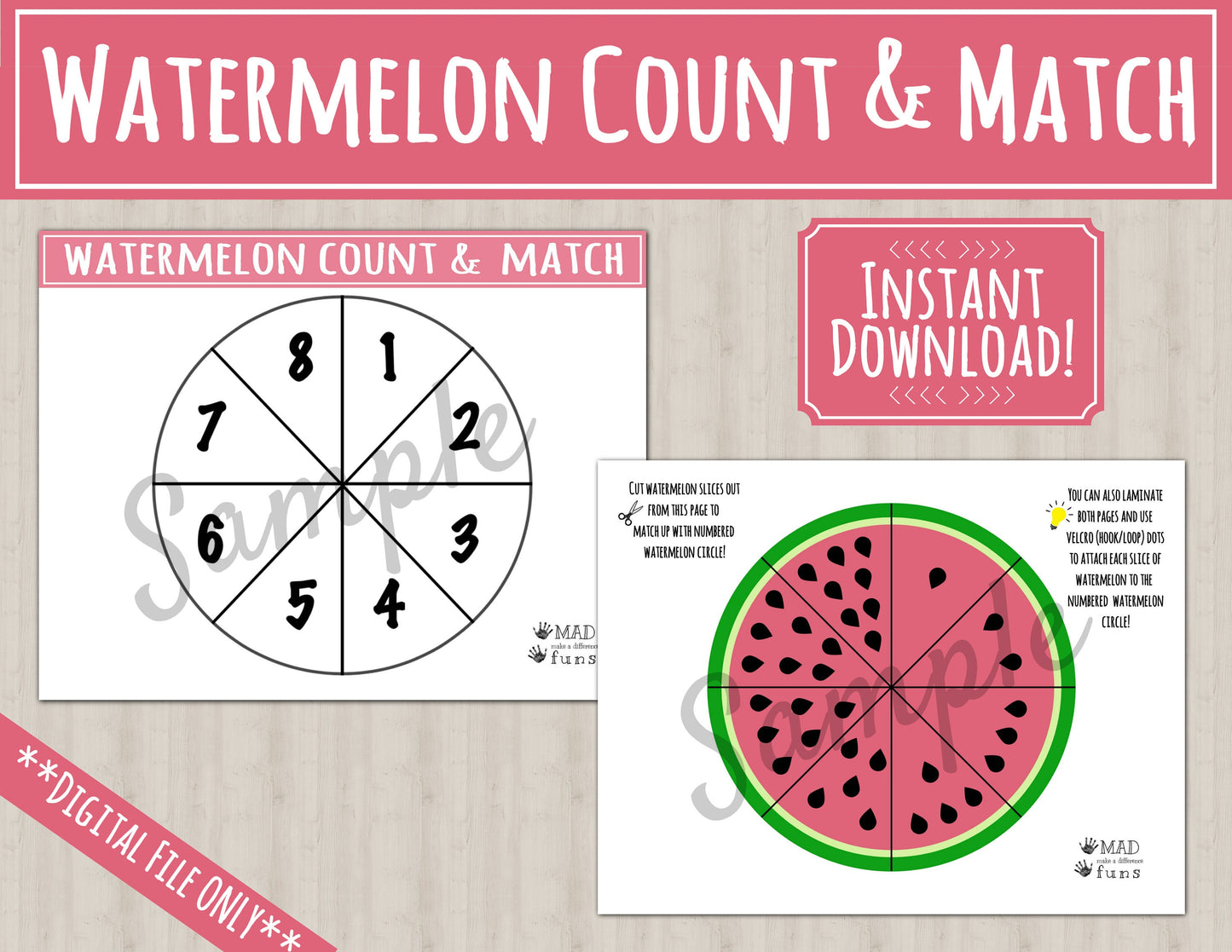 Watermelon Count and Match Activity |Printable INSTANT DOWNLOAD| Preschool Kindergarten Homeschool| Watermelon Pizza Math| Matching Toddler