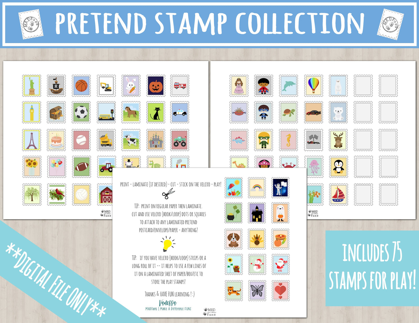 Play Stamp Set Printable Activity| Post Office Pretend Play| INSTANT DOWNLOAD| Toddler Preschool Kindergarten| Toy Stamps Collection