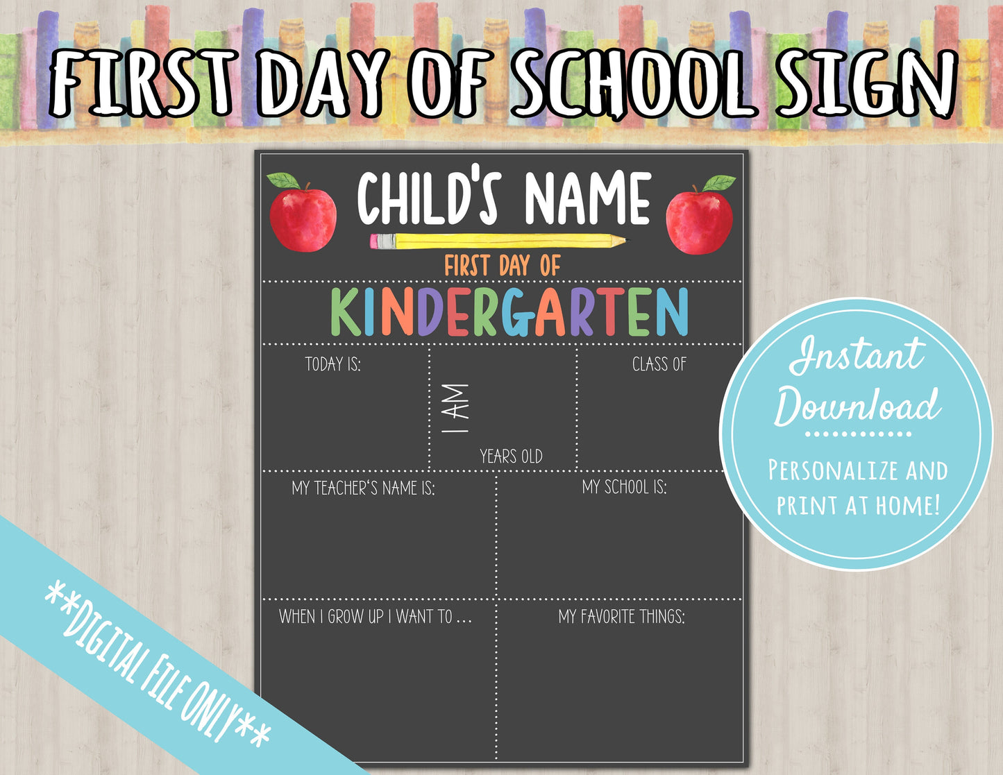 First Day of School Sign | About Me Chalkboard Style Print|PERSONALIZED INSTANT DOWNLOAD| preschool kindergarten grade sign