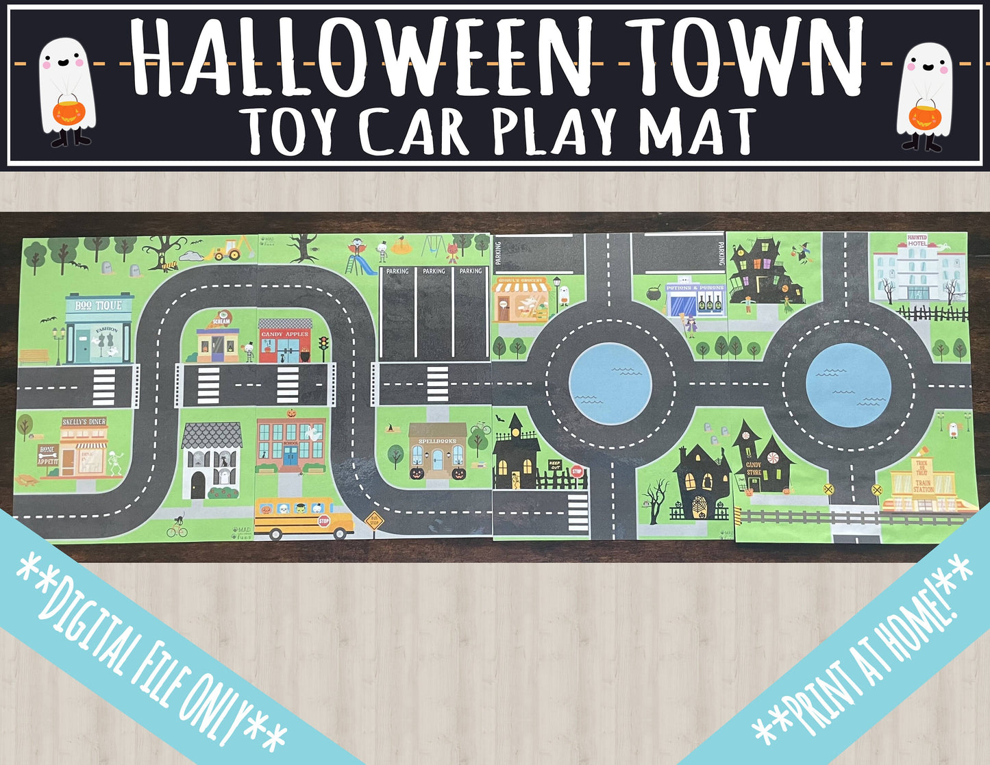 Halloween Town Toy Car Play Mat | INSTANT PRINTABLE DOWNLOAD | Kids Road Map | Hot Wheels MatchBox Car Race Track | Character Game Activity