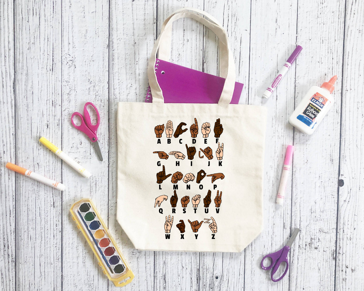 American Sign Language Alphabet Tote Bag | ASL Multi Color Bag | Sign Letters Bookbag School Canvas Bag
