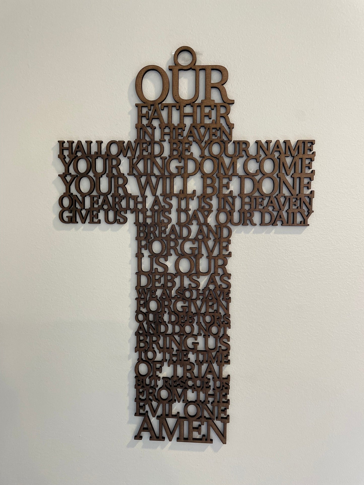 The Lord's Prayer Hanging Wooden Cross | Religious Spiritual Wall Art Gift | Wood Laser Cut Cross | Our Father Wording