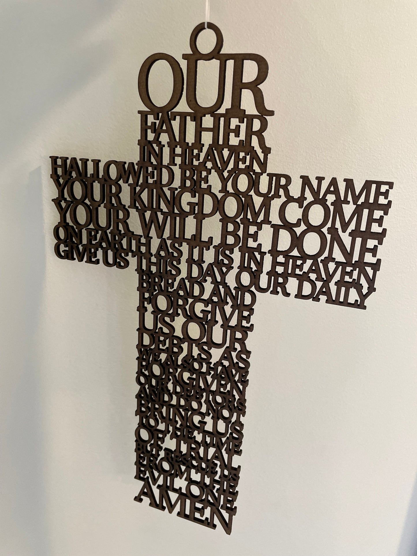 The Lord's Prayer Hanging Wooden Cross | Religious Spiritual Wall Art Gift | Wood Laser Cut Cross | Our Father Wording