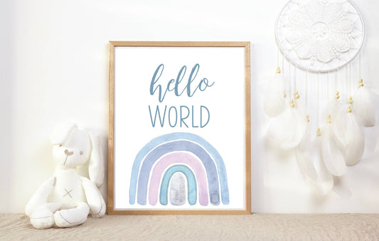 Hello World Print | Digital Download| Baby Room Quote Decor | Printable Wall Art | Rainbow Watercolor Boy Girl Nursery Decor | 8x10 frame