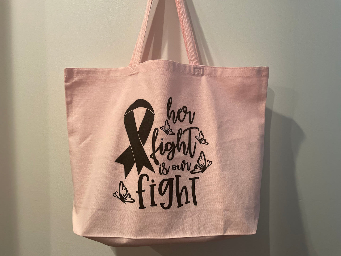 Her Fight is Our Fight Tote Bag | Breast Cancer Awareness Ribbon Team Bag Gift | Inspirational School Canvas Tote for Survivor Fighter