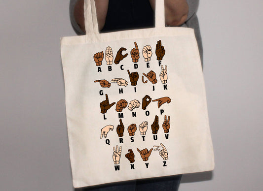 American Sign Language Alphabet Tote Bag | ASL Multi Color Bag | Sign Letters Bookbag School Canvas Bag