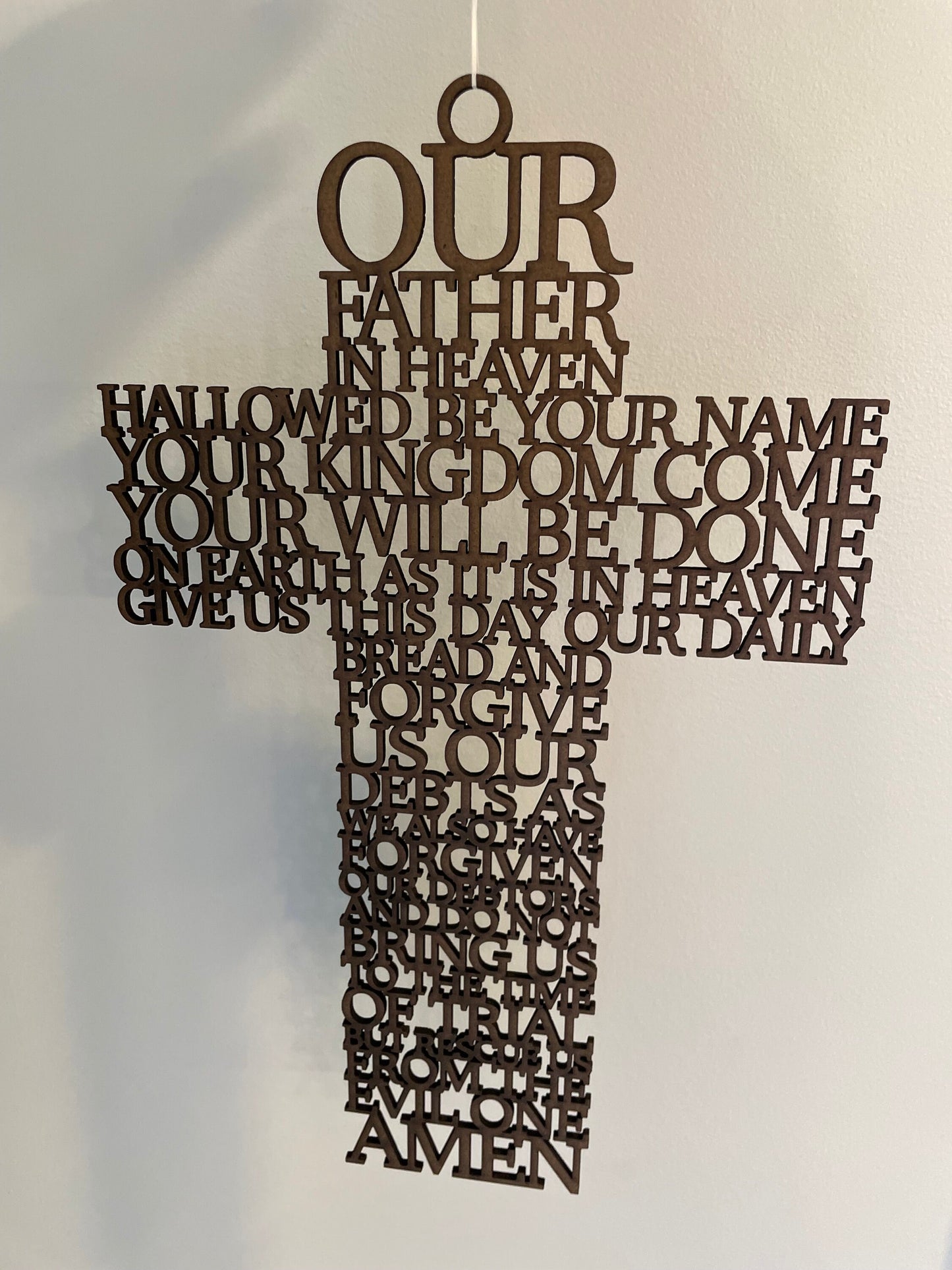 The Lord's Prayer Hanging Wooden Cross | Religious Spiritual Wall Art Gift | Wood Laser Cut Cross | Our Father Wording