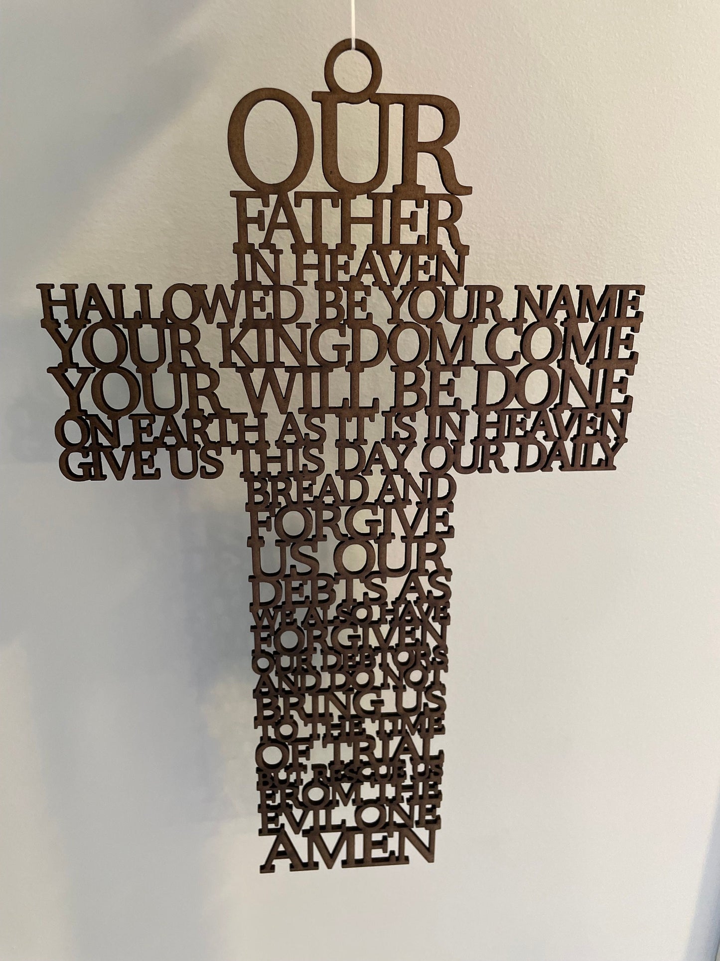 The Lord's Prayer Hanging Wooden Cross | Religious Spiritual Wall Art Gift | Wood Laser Cut Cross | Our Father Wording