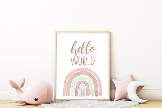 Hello World Print | Digital Download| Baby Room Quote Decor | Printable Wall Art | Rainbow Watercolor Boy Girl Nursery Decor | 8x10 frame