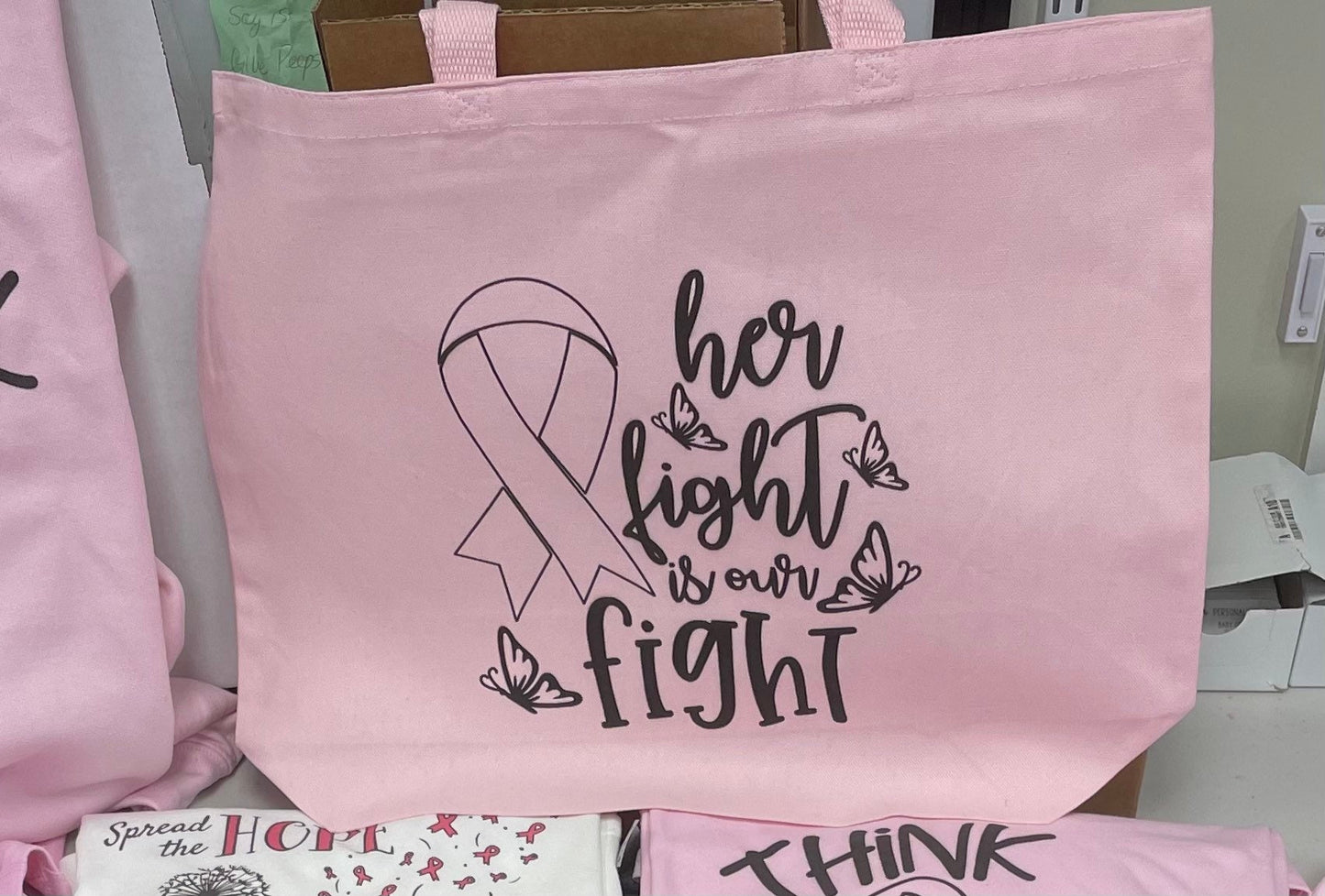 Her Fight is Our Fight Tote Bag | Breast Cancer Awareness Ribbon Team Bag Gift | Inspirational School Canvas Tote for Survivor Fighter