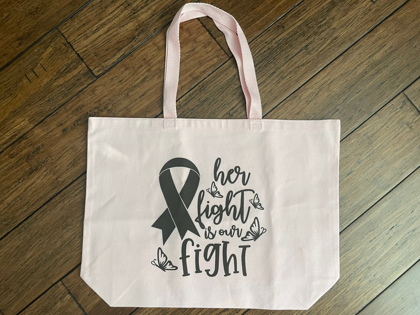 Her Fight is Our Fight Tote Bag | Breast Cancer Awareness Ribbon Team Bag Gift | Inspirational School Canvas Tote for Survivor Fighter