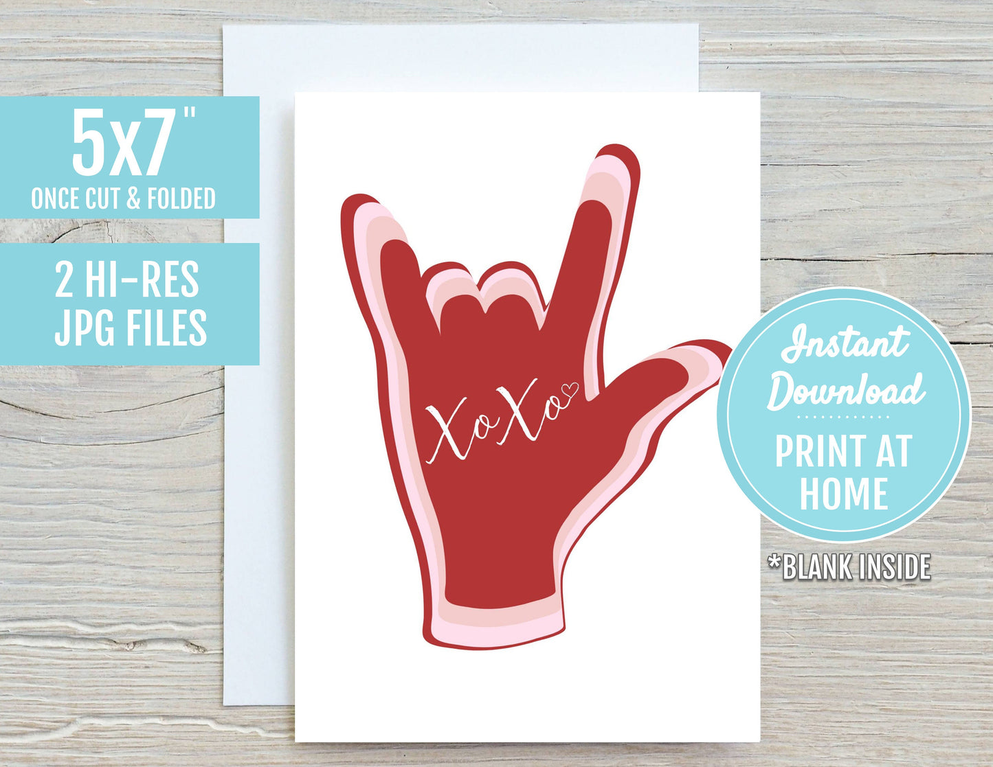 I Love You xoxo Red Pink ASL Sign Language Hand 5x7 Printable Greeting Card | DIGITAL DOWNLOAD| Valentine Day Gift Friend Deaf Interpreter