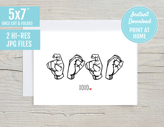 Xoxo Finger Spelling ASL Sign Language 5x7 Printable Greeting Card | DIGITAL DOWNLOAD | Valentines Day Gift Love Deaf Interpreter Teacher