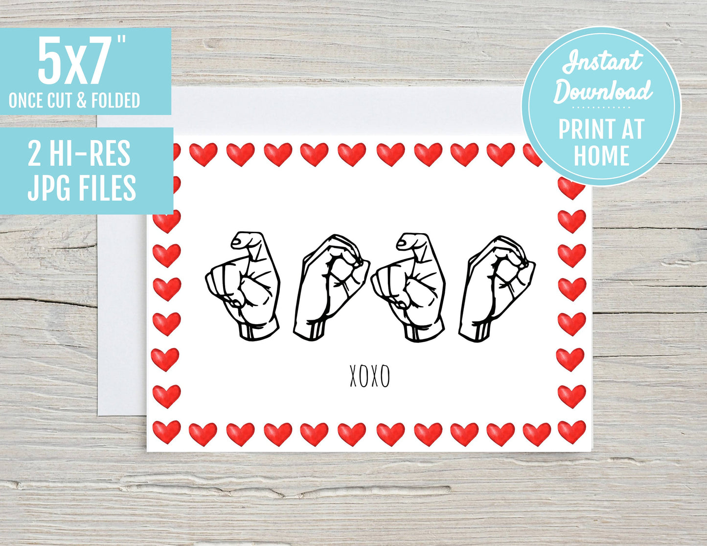 Xoxo Finger Spelling ASL Sign Language 5x7 Printable Greeting Card | DIGITAL DOWNLOAD | Valentines Day Gift Love Deaf Interpreter Teacher