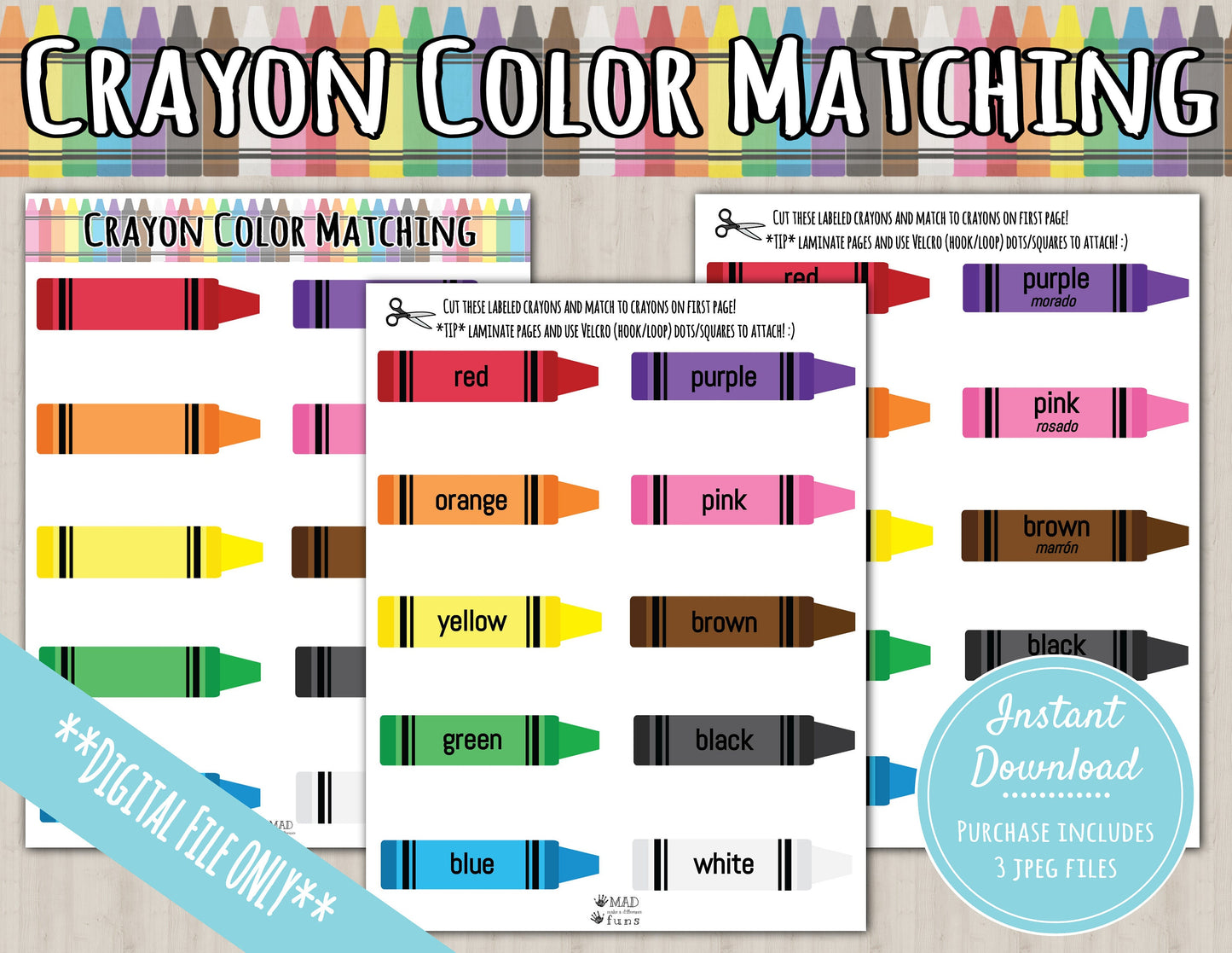 Learning Colors Crayon Printable Activity | DIGITAL DOWNLOAD| Learn Colors English & Spanish Game Match | Toddler Busy Binder