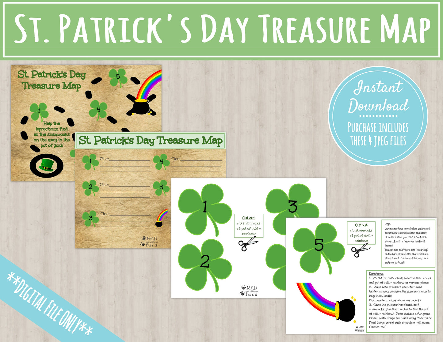 St. Patrick's Day Treasure Map | INSTANT PRINTABLE DOWNLOAD| Shamrock, Pot of Gold, Rainbow Scavenger Hunt| St Patricks Day Leprechaun Clues