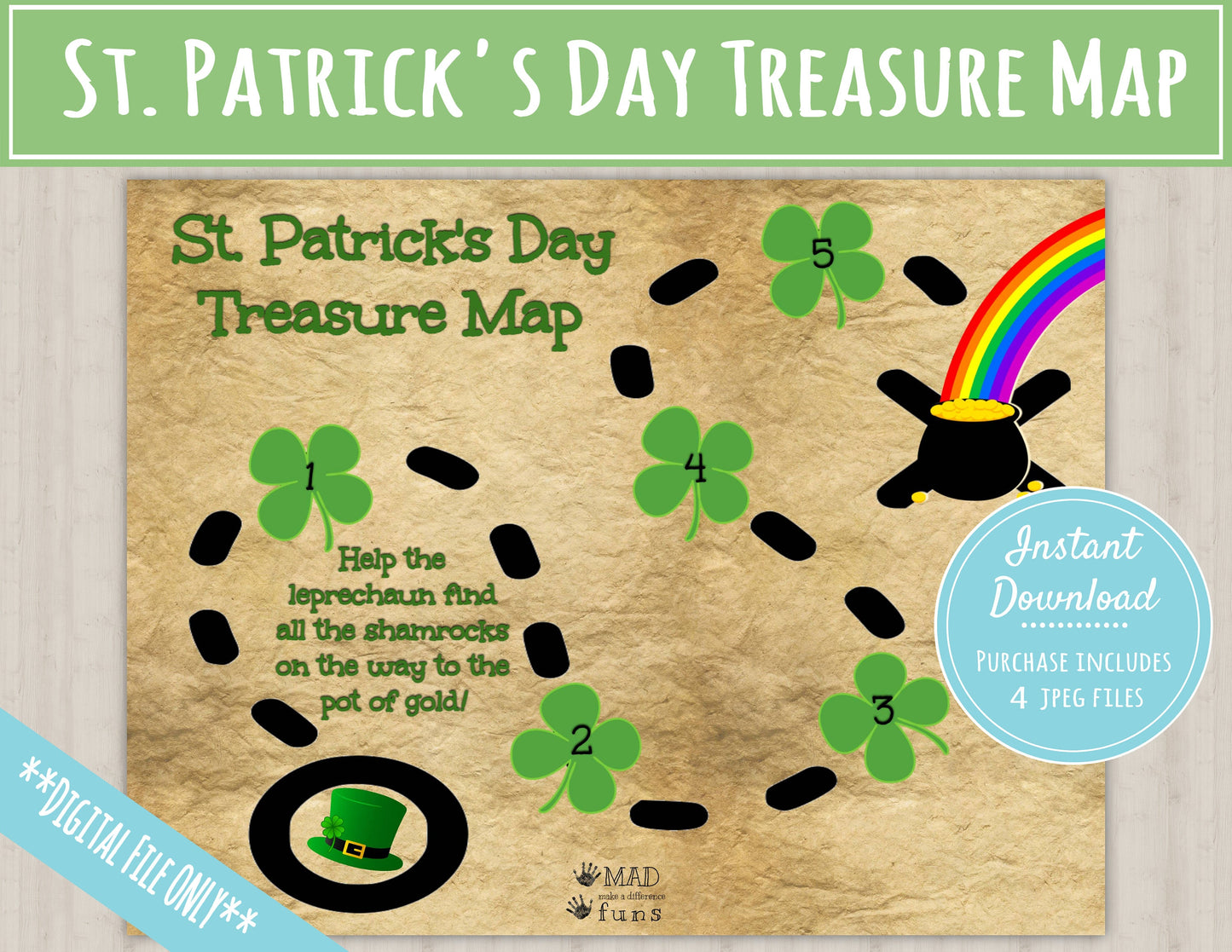 St. Patrick's Day Treasure Map | INSTANT PRINTABLE DOWNLOAD| Shamrock, Pot of Gold, Rainbow Scavenger Hunt| St Patricks Day Leprechaun Clues