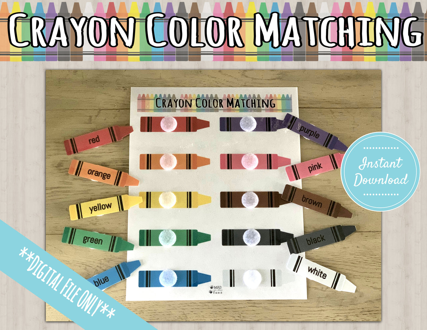 Learning Colors Crayon Printable Activity | DIGITAL DOWNLOAD| Learn Colors English & Spanish Game Match | Toddler Busy Binder