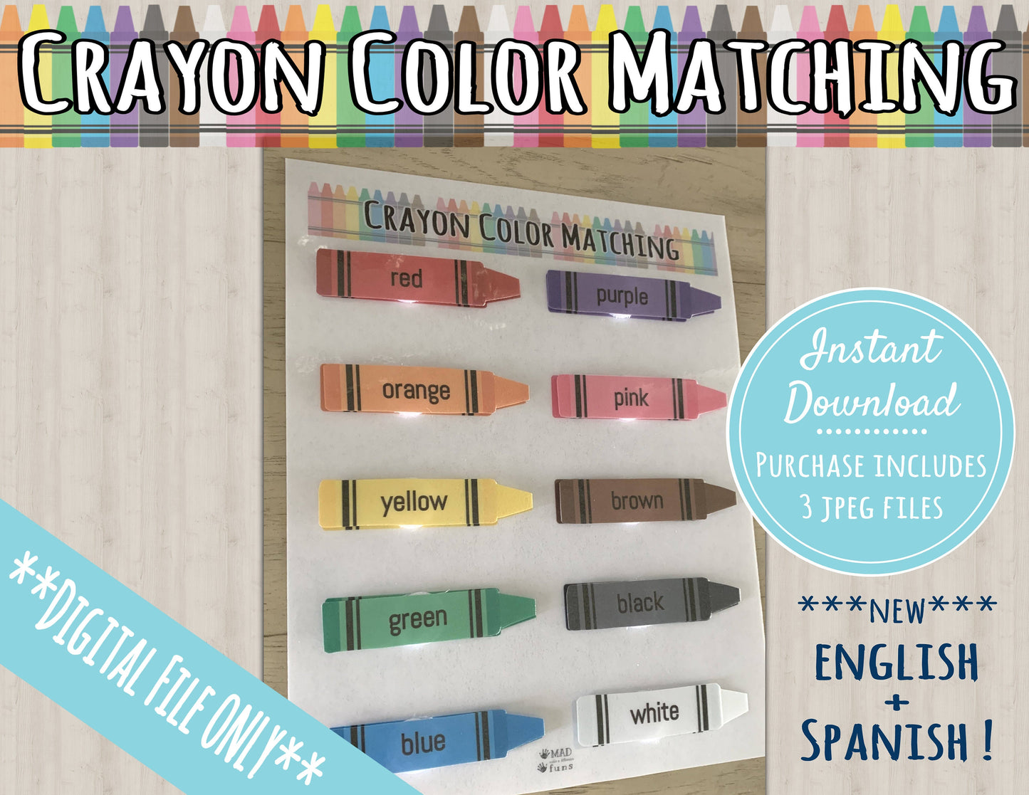 Learning Colors Crayon Printable Activity | DIGITAL DOWNLOAD| Learn Colors English & Spanish Game Match | Toddler Busy Binder