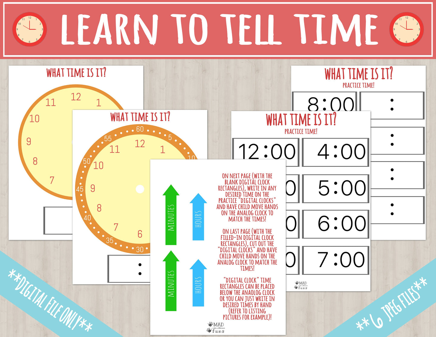 Tell Time Learning Clock Printable Activity | DIGITAL DOWNLOAD| Teach Learn Analog Clock Game Match | Toddler Busy Binder