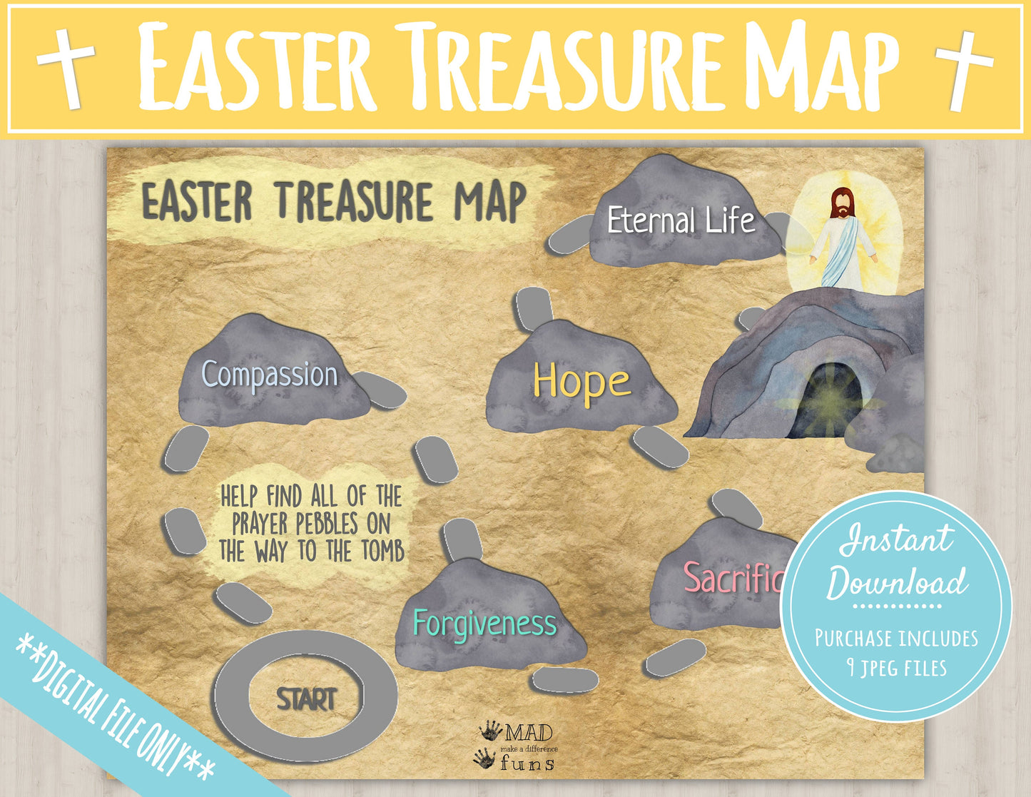 The Meaning Of Easter Treasure Map Printable Coloring | Religious Scavenger Hunt Game | Easter Basket Gifts | Jesus Easter Toddler Egg Hunt