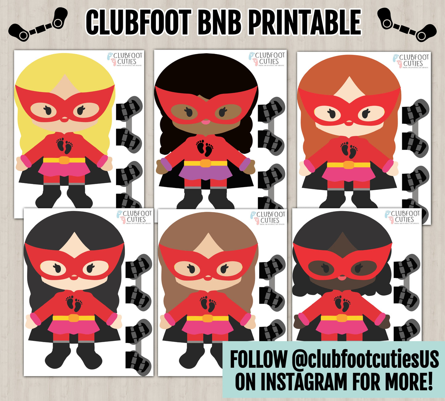 DIGITAL DOWNLOAD Superhero Clubfoot Cuties Printable Paper Doll | Laminate Velcro Activity For Boots and Bar BnB | Clubfoot Baby Boots