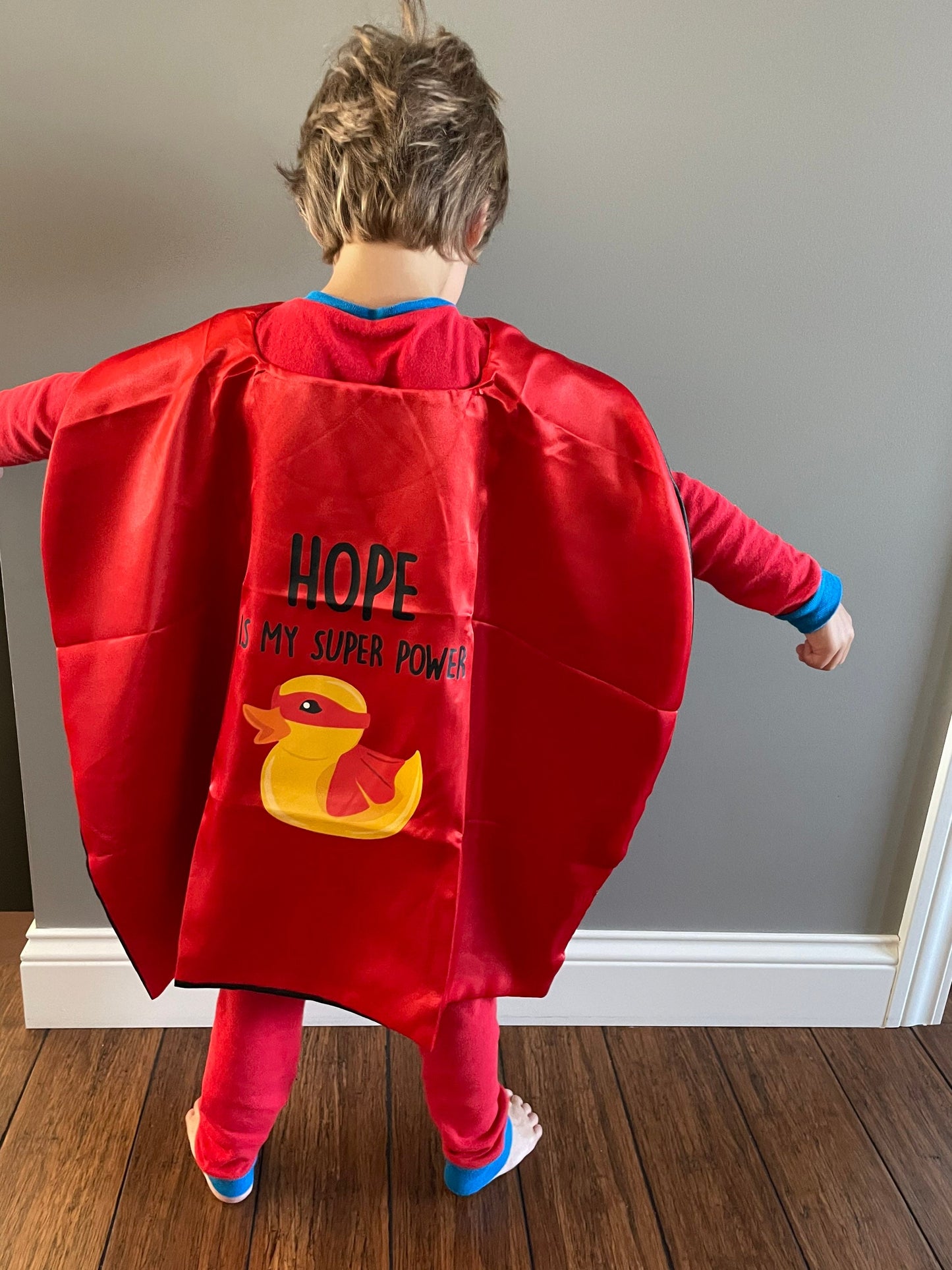 HOPE Is My Super Power Super Duck Red Cape | Kids Super Hero Cape | Columbus Duck Race Kids | Benefiting Nationwide Children's Hospital Ohio