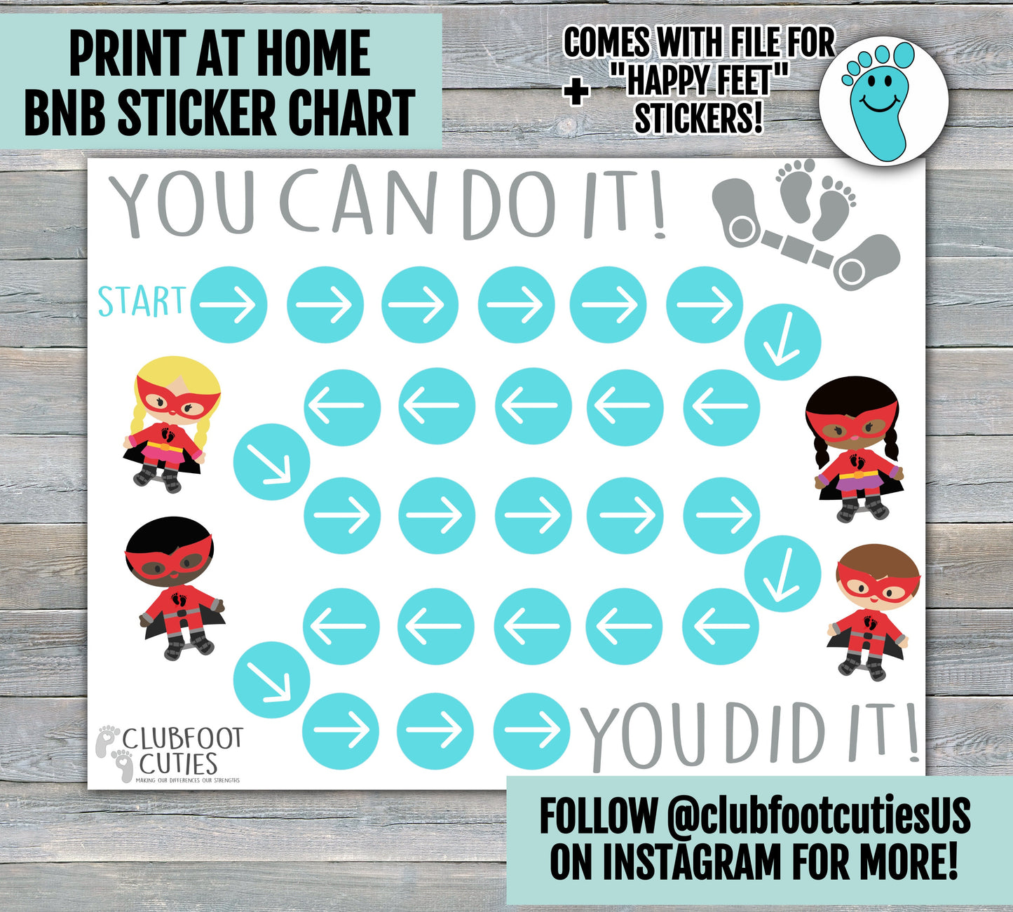 Superhero Clubfoot Cuties BNB Printable Sticker Chart | Activity To Help With Wearing Boots and Bar BnB | Clubfoot Baby Boots | Ponseti